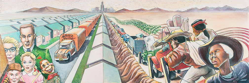 Judith F. Baca, final coloration for 1950: The Development of Suburbia, for The Great Wall of Los Angeles, 1983