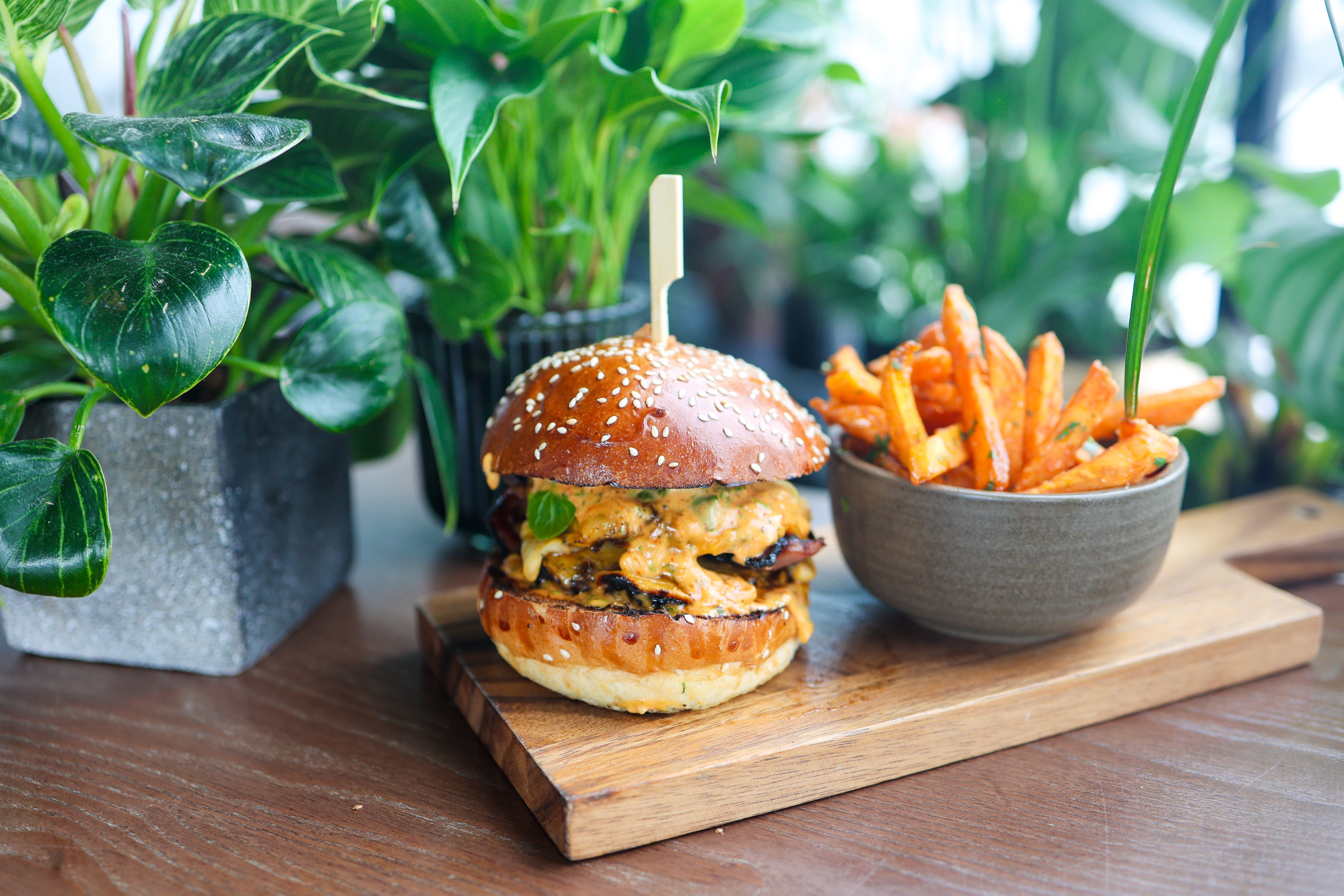 Gourmet cheeseburger with loaded fries served on a wooden board beside lush green plants.
