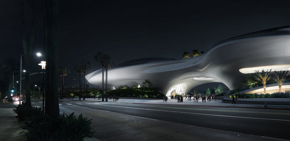 Lucas Museum street level night rendering 300dpi Web