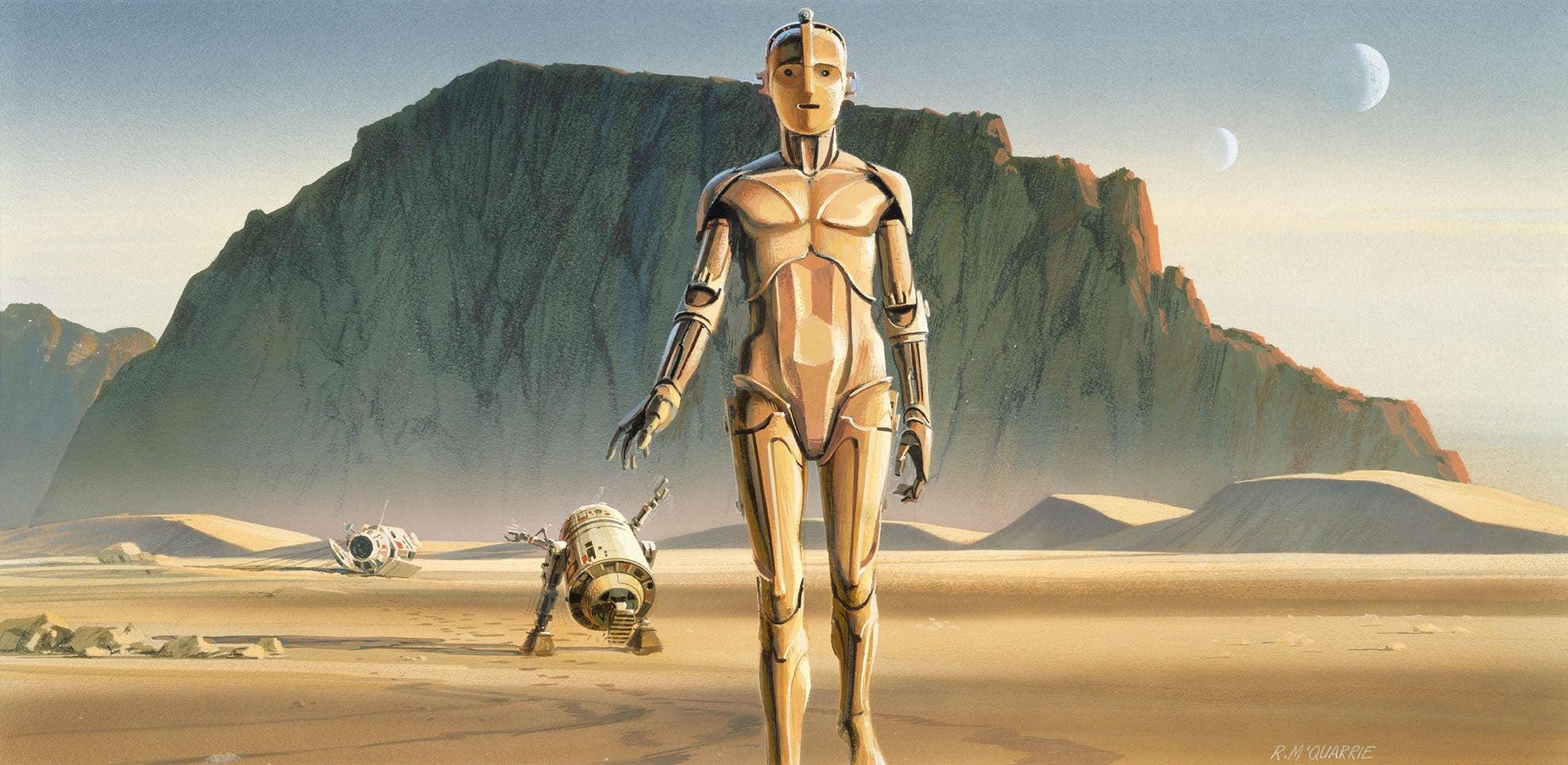 Ralph McQuarrie, Artoo and Threepio Leave the Pod in the Desert, production art for A New Hope, ca. 1974–78. © & ™ Lucasfilm Ltd. All rights reserved.