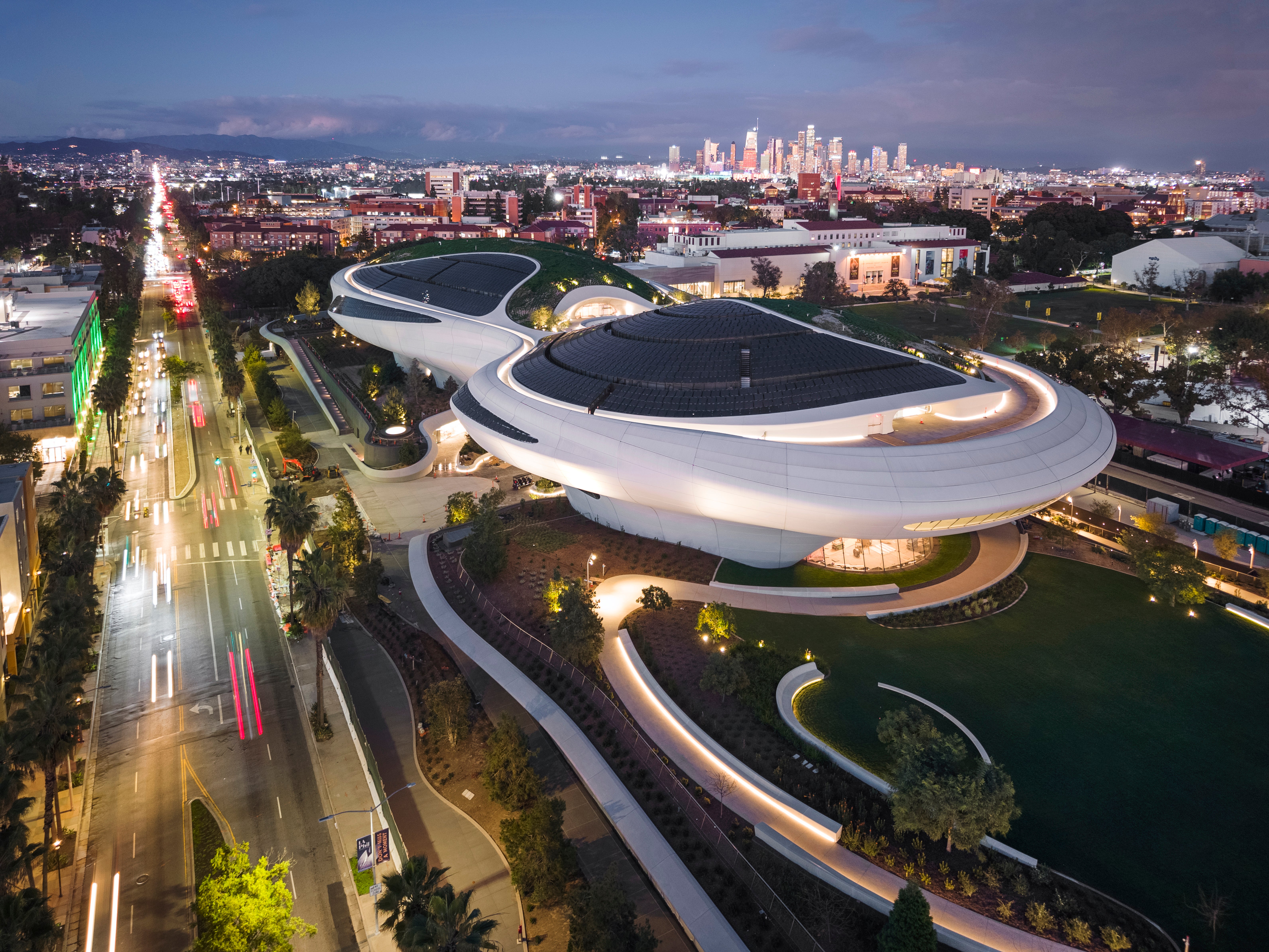 Aerial view of the Lucas Museum of Narrative Art at night